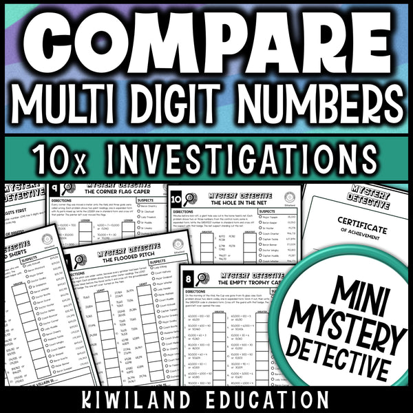 Comparing multi-digit numbers math activities with greatest and least of three and expanded form, plus a detective certificate of achievement