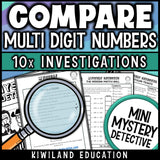 Comparing whole numbers practice pages and teacher instructions for math centers and morning work, greater and lesser number cases