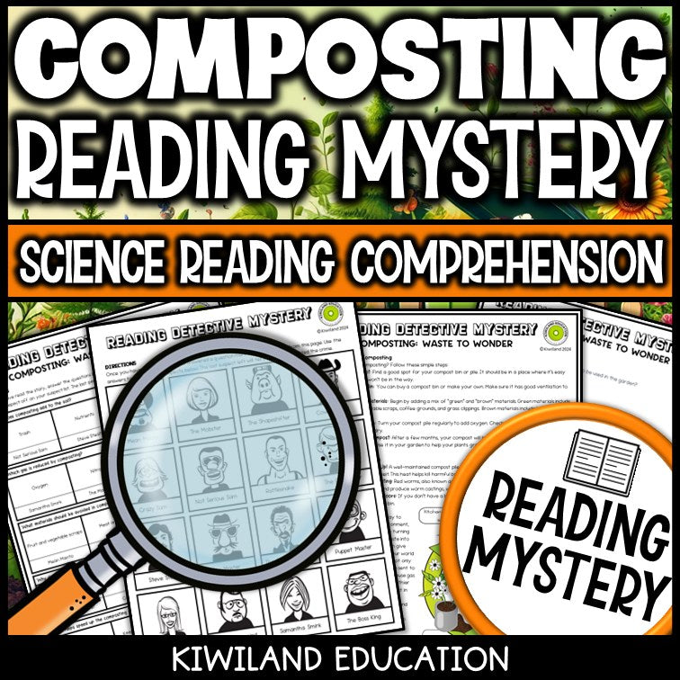 Composting reading mystery comprehension questions worksheet with suspect line-up