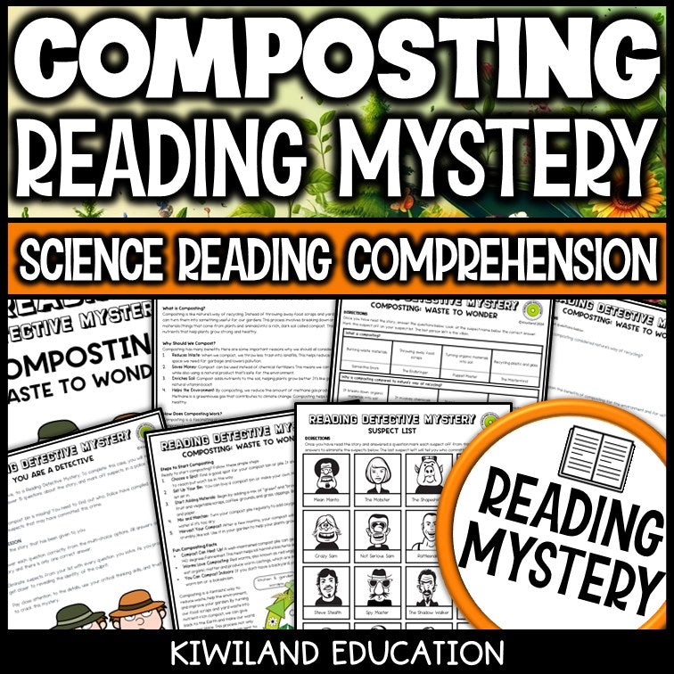 Composting reading mystery comprehension activity cover for grades 3-6