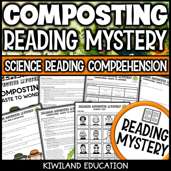 Composting reading mystery comprehension activity cover for grades 3-6