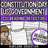 Constitution Day reading comprehension passage and questions CSI detective mystery cover, grades 4-6
