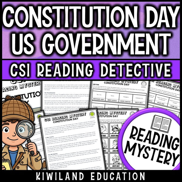 Constitution Day reading comprehension passage and questions CSI detective mystery cover, grades 4-6