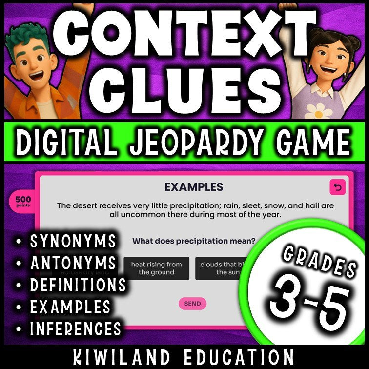 Whole-class context clues Jeopardy board with categories and point values