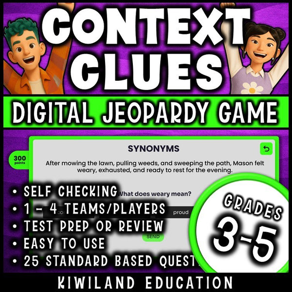 Digital ELA Jeopardy game teaching context clues, synonyms and antonyms