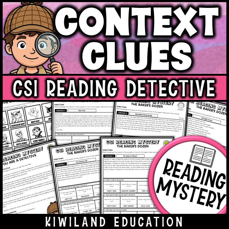Context clues worksheets and reading comprehension passages CSI detective mystery cover, grades 3-5