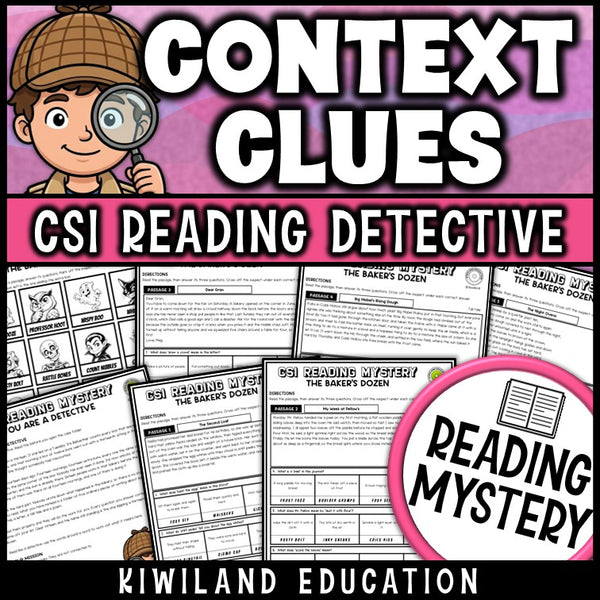 Context clues worksheets and reading comprehension passages CSI detective mystery cover, grades 3-5