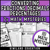 Converting fractions decimals and percentages math mystery worksheets for grade 6 and 7, no prep printable