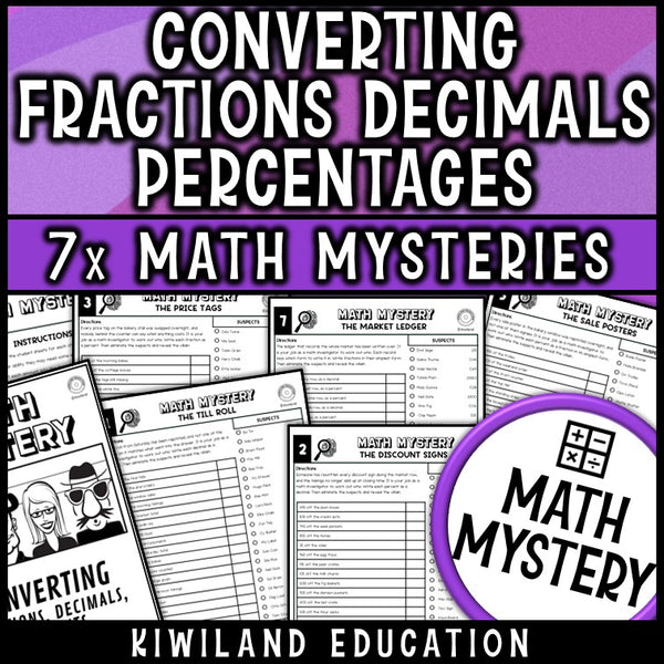 Converting fractions decimals and percentages math mystery worksheets for grade 6 and 7, no prep printable