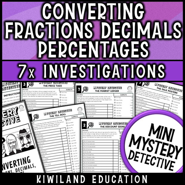 Converting fractions decimals and percentages mystery detective worksheets grade 6