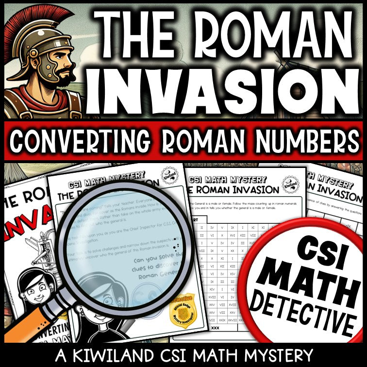 Converting Roman numerals clue worksheet pages - CSI math mystery