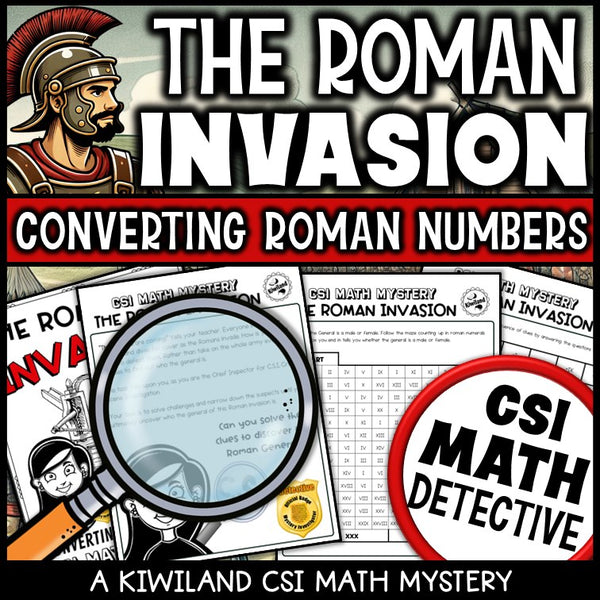 Converting Roman numerals clue worksheet pages - CSI math mystery