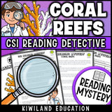 Coral reef nonfiction reading passage with comprehension questions on polyps and bleaching