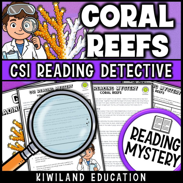 Coral reef nonfiction reading passage with comprehension questions on polyps and bleaching