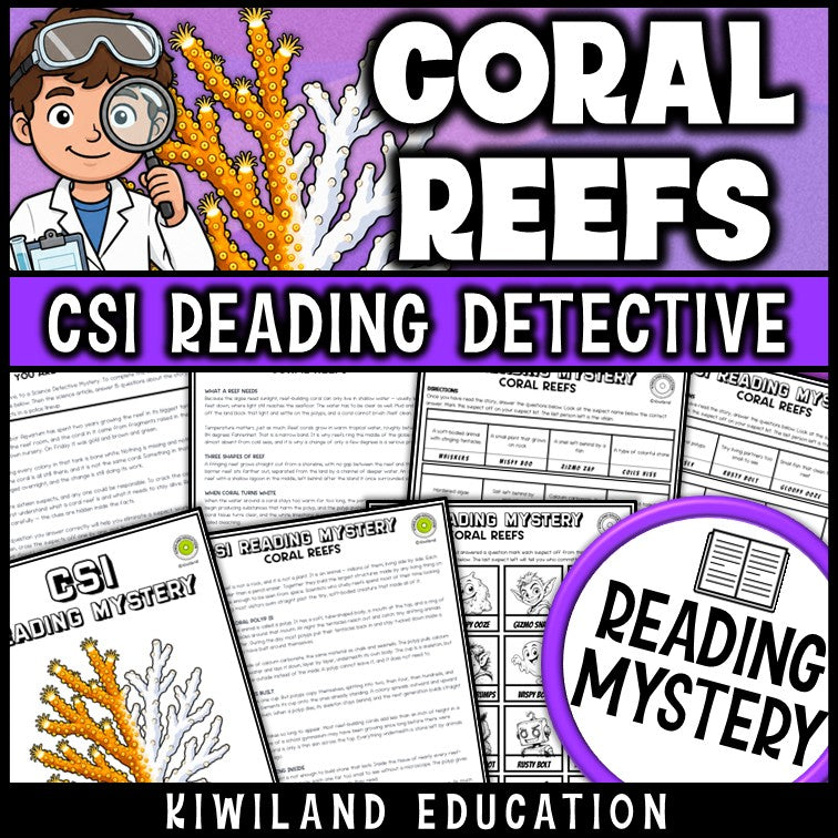 Coral reefs reading comprehension passages and questions nonfiction science mystery cover, grades 3-6