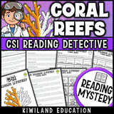 Coral reefs reading comprehension passages and questions nonfiction science mystery cover, grades 3-6