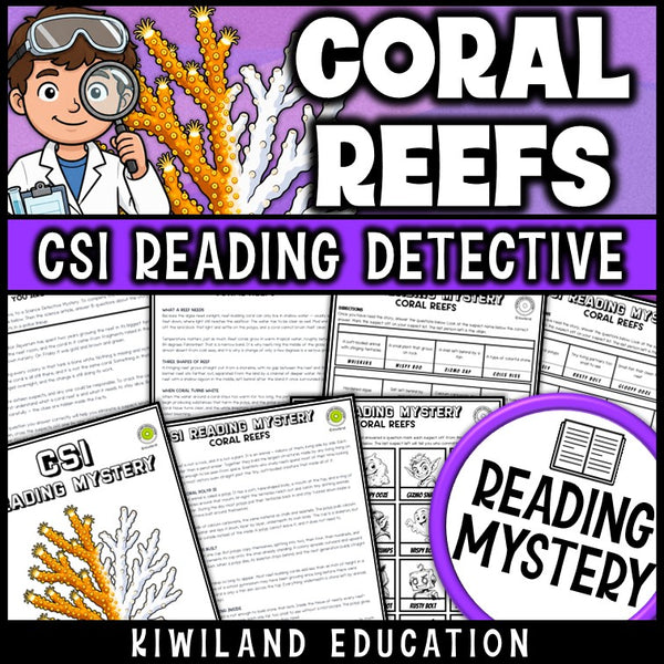 Coral reefs reading comprehension passages and questions nonfiction science mystery cover, grades 3-6