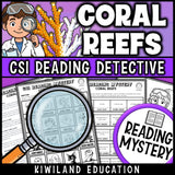 Coral reefs reading comprehension worksheets grades 3-6 with suspect elimination line-up