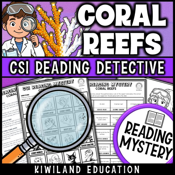 Coral reefs reading comprehension worksheets grades 3-6 with suspect elimination line-up
