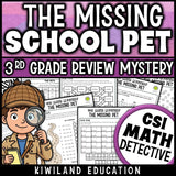 3rd grade math review CSI Math Mystery worksheets with 3-digit addition, subtraction and multiplication, no-prep printable