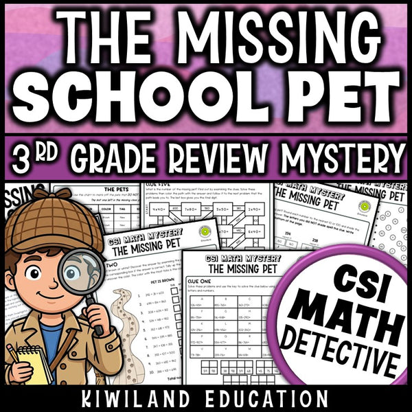 3rd grade math review CSI Math Mystery worksheets with 3-digit addition, subtraction and multiplication, no-prep printable