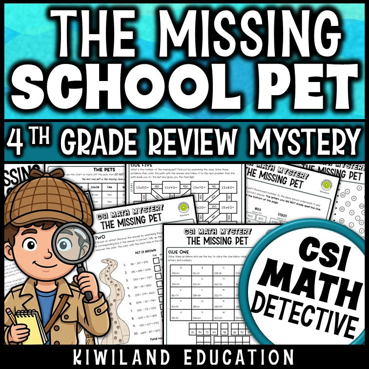 4th grade math review CSI Math Mystery worksheets covering 4-digit addition, subtraction, multiplication and division