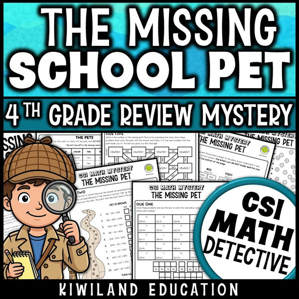 4th grade math review CSI Math Mystery worksheets covering 4-digit addition, subtraction, multiplication and division