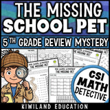 5th grade math review CSI Math Mystery worksheets covering decimals, multiplication and long division