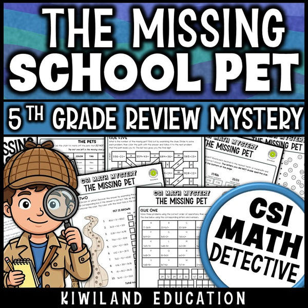 5th grade math review CSI Math Mystery worksheets covering decimals, multiplication and long division