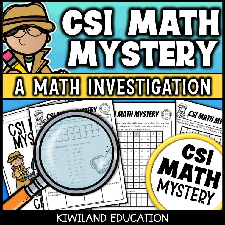 CSI Math Mystery clue pages with addition and subtraction problems to find the secret number