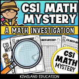 CSI Math Mystery clue pages with addition and subtraction problems to find the secret number