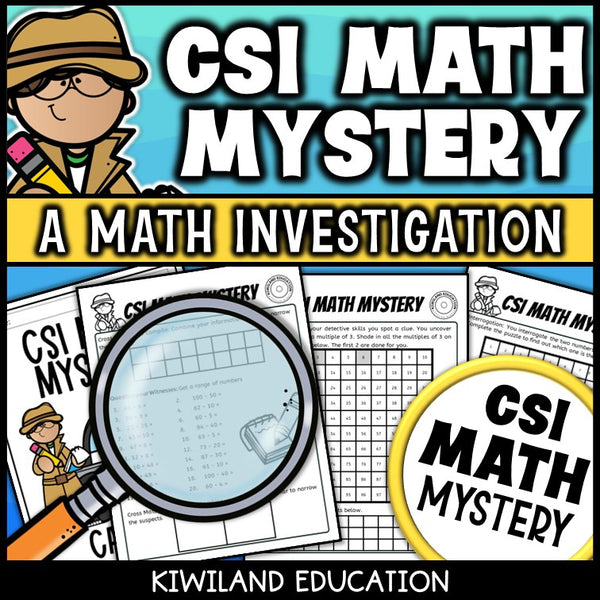 CSI Math Mystery clue pages with addition and subtraction problems to find the secret number