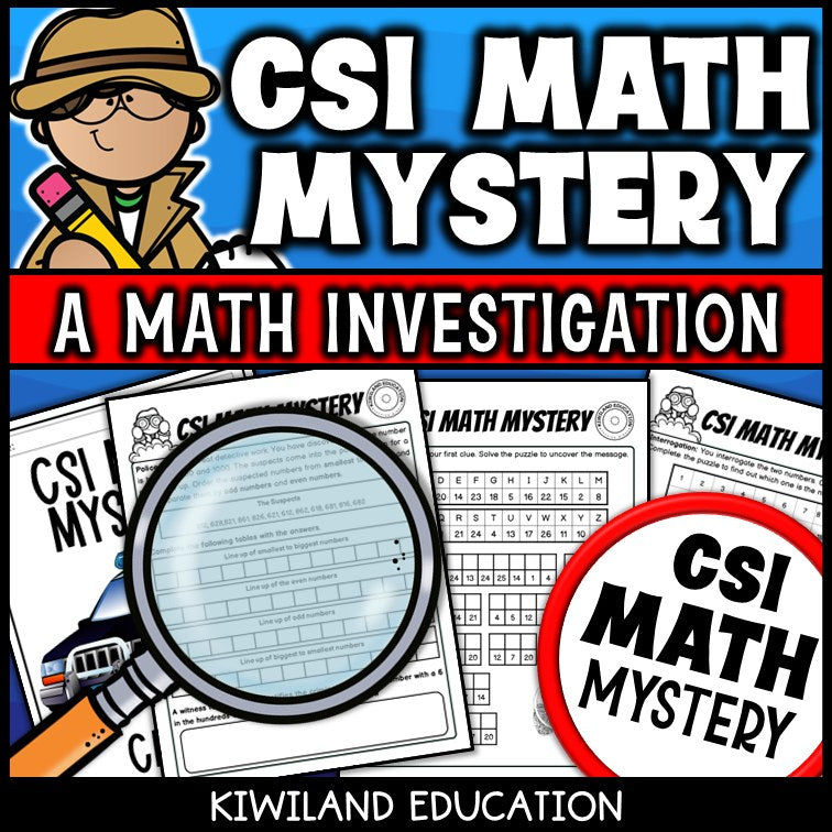 CSI Math Mystery clue pages with place value and 3-digit numbers