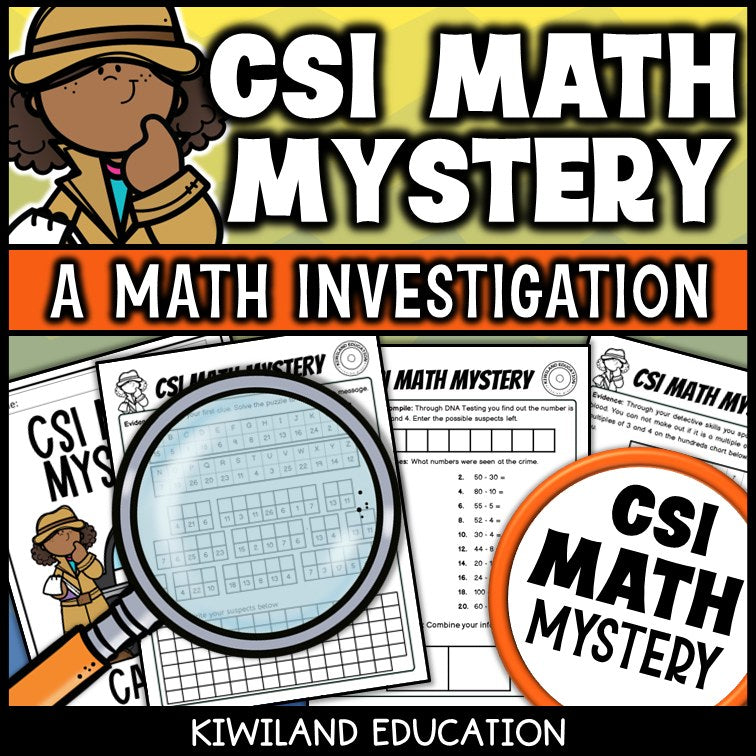 CSI Math Mystery clue pages with skip counting by 3s and 4s on a hundreds chart
