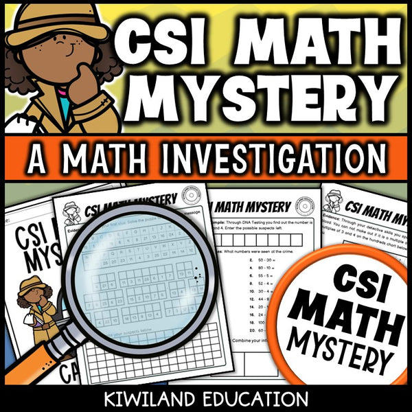 CSI Math Mystery clue pages with skip counting by 3s and 4s on a hundreds chart