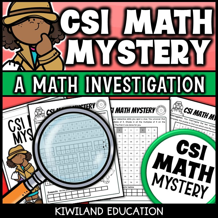 CSI Math Mystery clue pages with skip counting and a hundreds chart puzzle