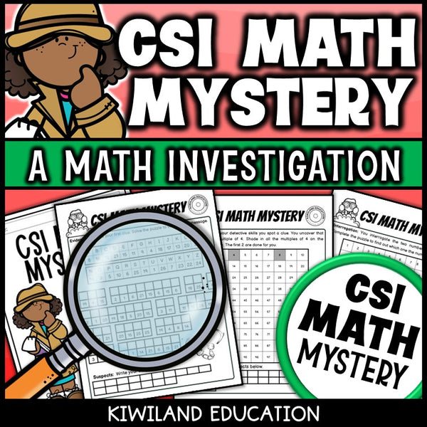 CSI Math Mystery clue pages with skip counting and a hundreds chart puzzle