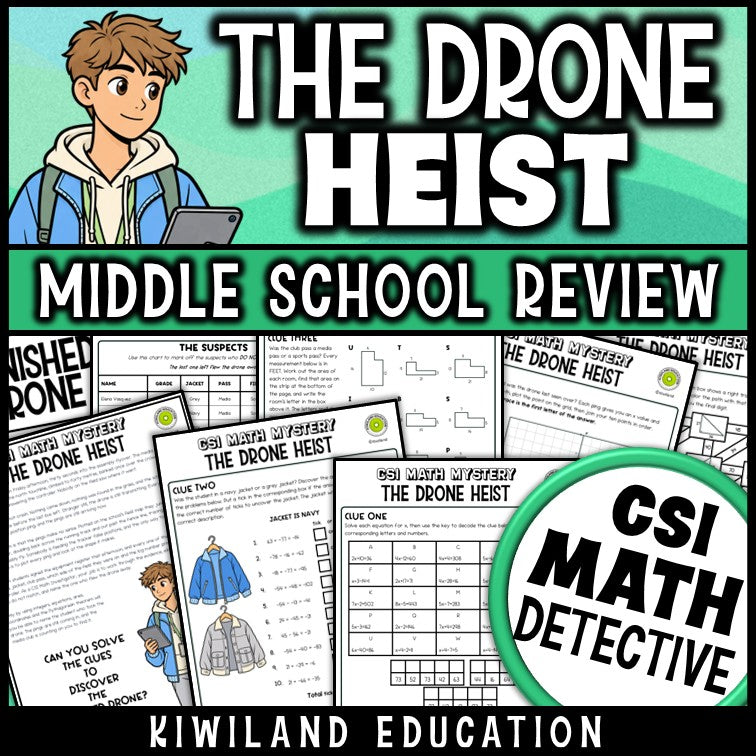Middle school math review CSI Math Mystery for 6th, 7th and 8th grade integers and equations