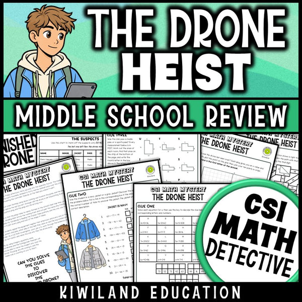 Middle school math review CSI Math Mystery for 6th, 7th and 8th grade integers and equations