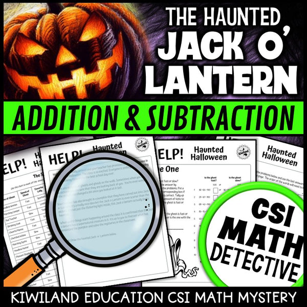 CSI Math Mystery suspect elimination page for addition and subtraction - Halloween