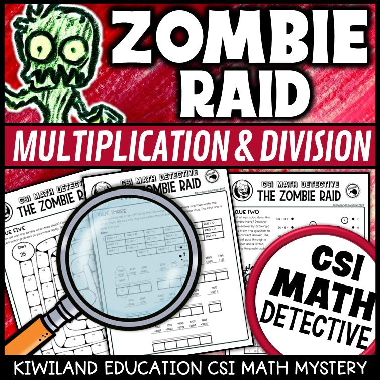 CSI Math Mystery suspect elimination page for multiplication and division - Zombie Raid