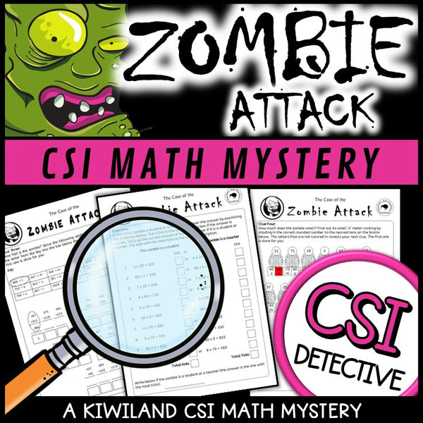 CSI Math Mystery suspect elimination page for multiplication and division - Zombie Attack