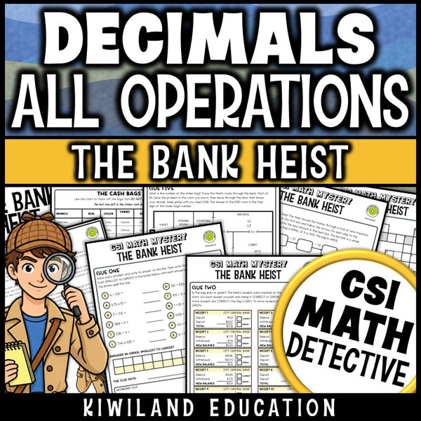 Decimal operations CSI Math Mystery worksheets to add, subtract, multiply and divide decimals