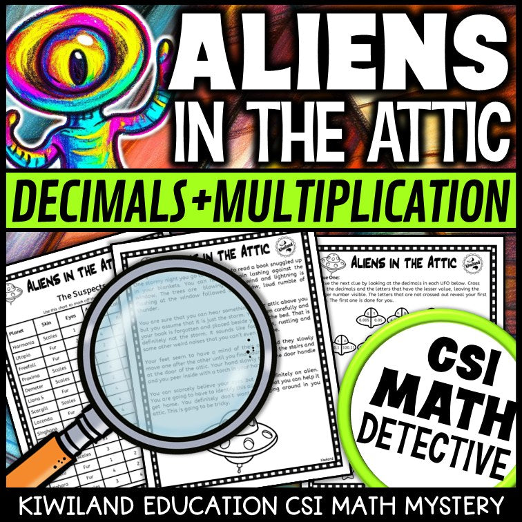 Decimals clue worksheet pages - Aliens in the Attic math mystery