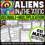 Decimals and multiplication CSI Math Mystery cover - Aliens in the Attic, Grades 4-6 printable PDF