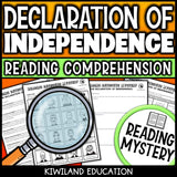 Declaration of Independence reading mystery comprehension questions worksheet with suspect line-up