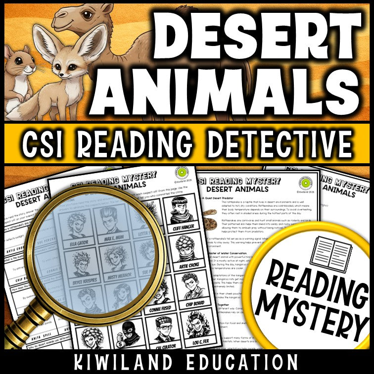 Desert animals reading mystery comprehension questions worksheet with suspect line-up
