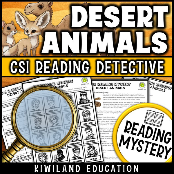Desert animals reading mystery comprehension questions worksheet with suspect line-up
