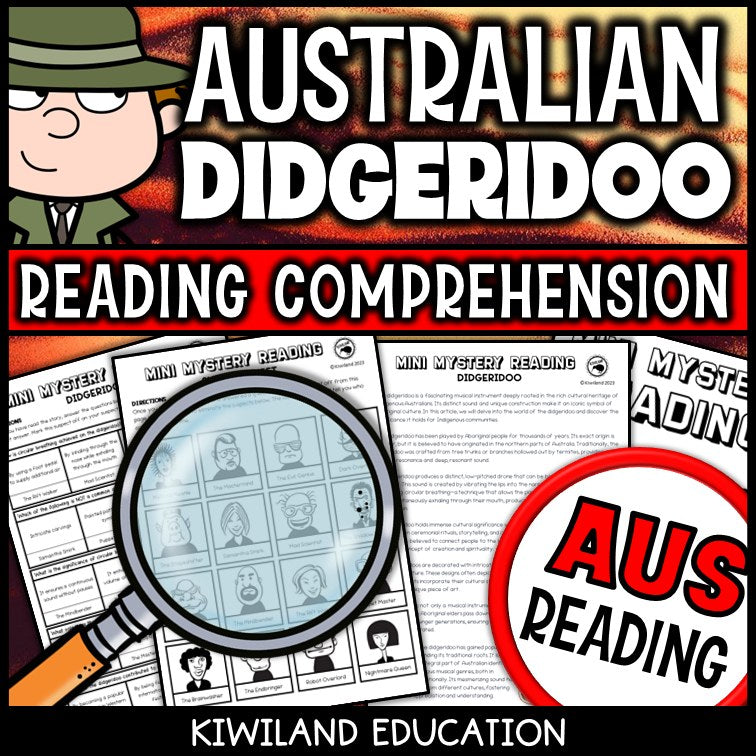 Didgeridoo reading mystery comprehension questions worksheet with suspect line-up