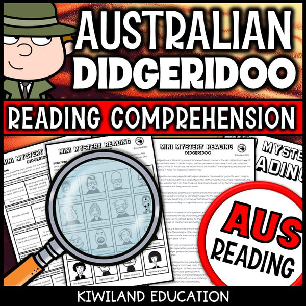Didgeridoo reading mystery comprehension questions worksheet with suspect line-up
